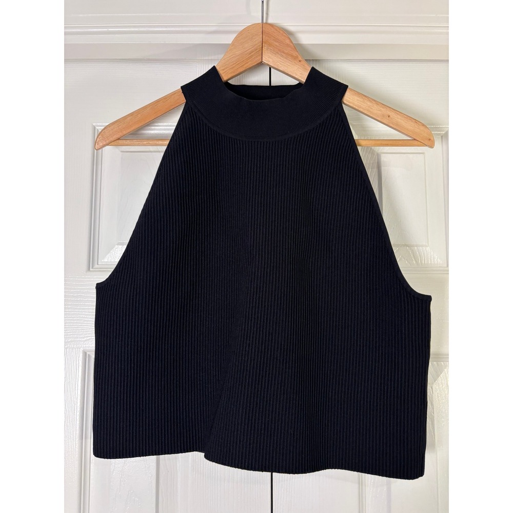 Quince Black Ribbed Knit Halter Tank Top Mock Neck Sleeveless Crop XL